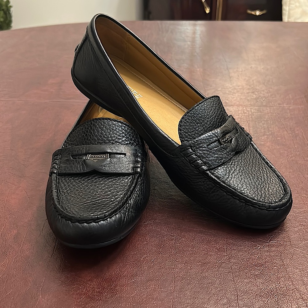 Coach Womens Black Leather Penny Loafer with Coach Coins